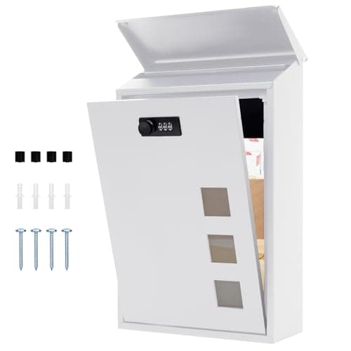 Image of lisetar Post Box Wall Mounted, Steel Mail Box with Combination Lock - Weather-Resistant, 3 Viewing Windows, Rain Cover, Lockable for Outside, 40 x 25 x 10 cm (white)