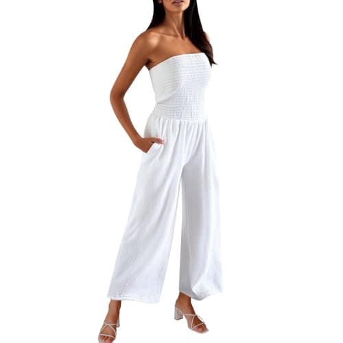 Image of VPQILH Womens Cotton Linen Bandeau Jumpsuit, Ladies Wide Leg Dungarees Solid Color Romper Strapless Bib Overalls Regular Fit Bodysuit with Pockets Playsuit Casual Jumpsuits White