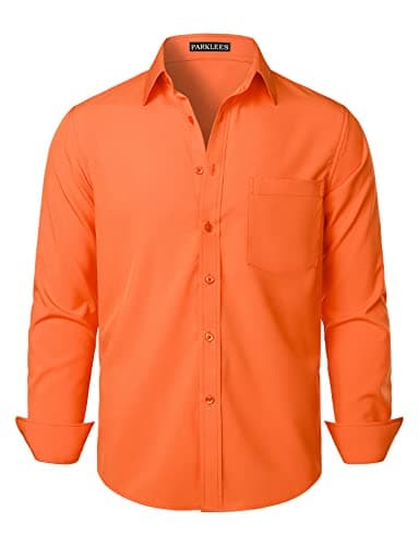 Image of PARKLEES Men's Regular Fit Dress Shirt Solid Wrinkle-Free Long Sleeve Casual Business Button Up Shirts with Pocket PZSSCL05-Orange M