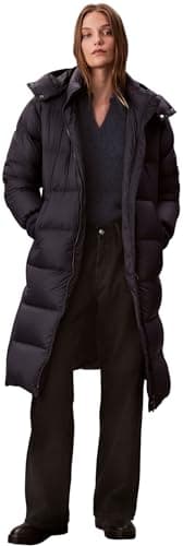Image of Calvin Klein Women’s Essential Mid Weight Long Puffer Jacket with Hood, Blue (Inkwell), XL