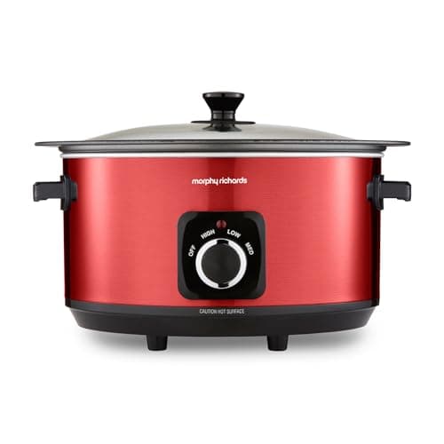 Image of Morphy Richards Accents 6.5L Sear & Stew Slow Cooker, Shatter Resistant Non Stick Aluminium Pot, Single Pot Cooking, 3 Heat Settings, Hob Proof, Glass Lid, Easy Clean & View, Red, 461026
