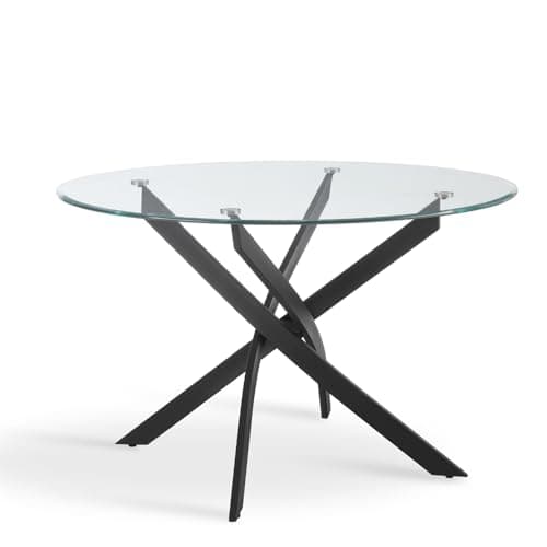 Image of Round Glass Dining Table with Chrome Legs or Black Legs, Round Glass Table for 4 or 6 People, Small 4 Seater Dining Table or 6 Seater Dinner Table (Black Legs, 100cm)