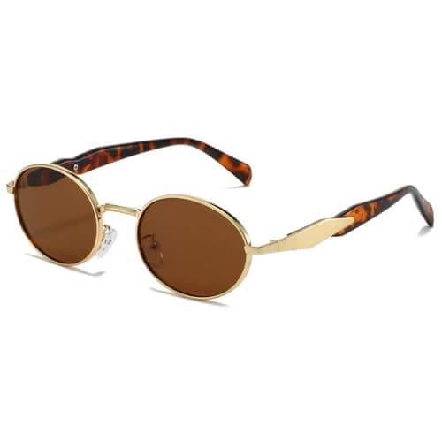 Image of YAMEIZE Retro Oval Gold Sunglasses Women Men Small Round Sunglasses Vintage 90s Sun Glasses Metal Frame UV400 (Gold Leopard Brown)