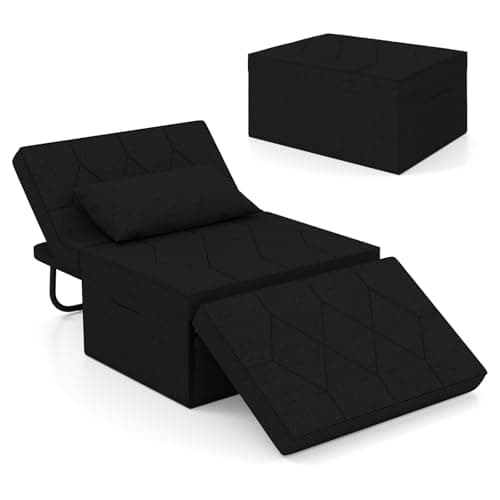 Image of COSTWAY 4-in-1 Convertible Sofa Bed, Single Sofa Chair Sleeper Folding Ottoman with Adjustable Backrest, Retractable Legs and Pillow, Modern Tufted Lounge Couch Guest Bed (Linen Fabric, Black)