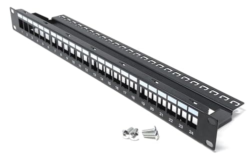 Image of 24-Port 1U Blank Patch Panel with Cable Management Bar, Unshielded, 19-Inch Rack Mount, Compatible with Cat6A, Cat5, Cat5e, Cat6, Cat7, Cat8, Cat9 Snap-in Keystone Jacks