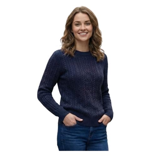 Image of Women’s Cable Knit Jumper Long Sleeve Crew Neck – Soft Fisherman Ladies Sweater, Warm Winter Knit Pullover-Navy M -L