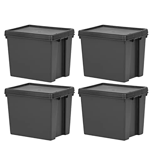 Image of (Set of 4) 24L 24 Litre Recycled Heavy Duty Super Strong Storage Boxes Containers With Secure Lid Boxes Storage Containers Organizing Basket For Home Office Storage (24 LITRE, Black Bam)