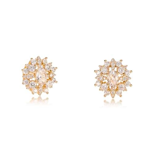 Image of ZAVANA Large Cubic Zirconia Earrings. Sparkling Gold Stud Earrings set with Cubic Zirconia Stones. Oval Flower Statement Earrings