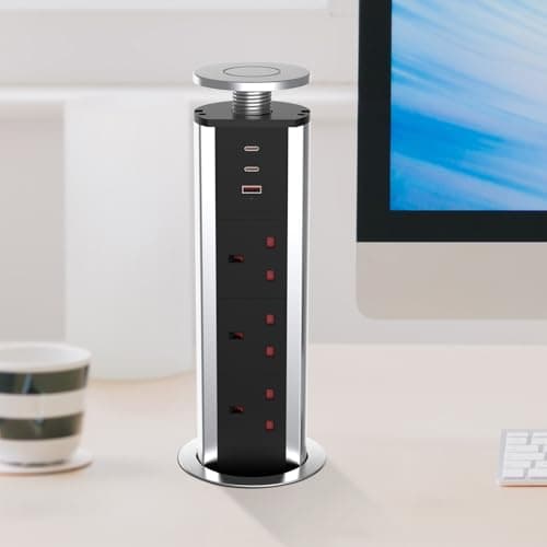 Image of CURUK Pop Up Sockets for Kitchen Worktops with 3 USB Ports(2 Type C and 1 USB-A), 3 Plug Extension Recessed Desk Power Socket with 1.8M Cable for Home, Office - Silver