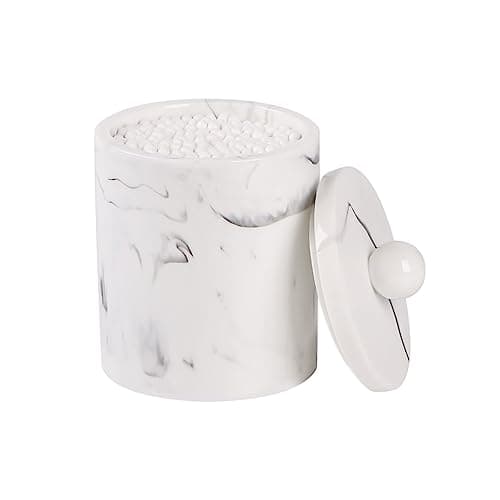 Image of Tonxus Marble Qtip Holder with Lid, White Resin Cotton Swab Container, Small Apothecary Storage Jars, Bathroom Q-Tip Holder for Cotton Balls, Swabs, Pads, Floss Picks
