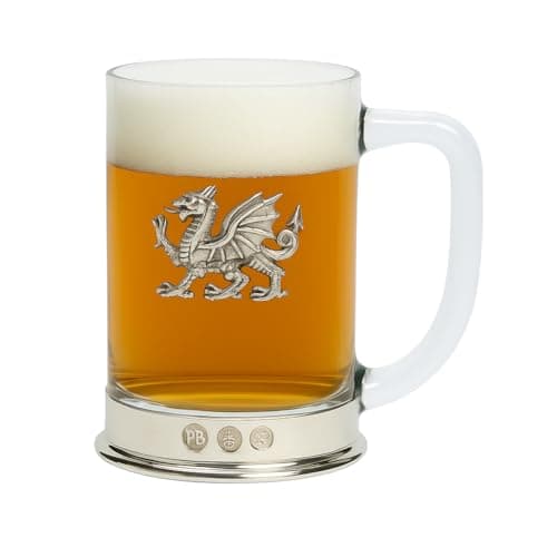 Image of Pinder Bros Ltd Welsh Dragon Pewter Mounted Glass Tankard