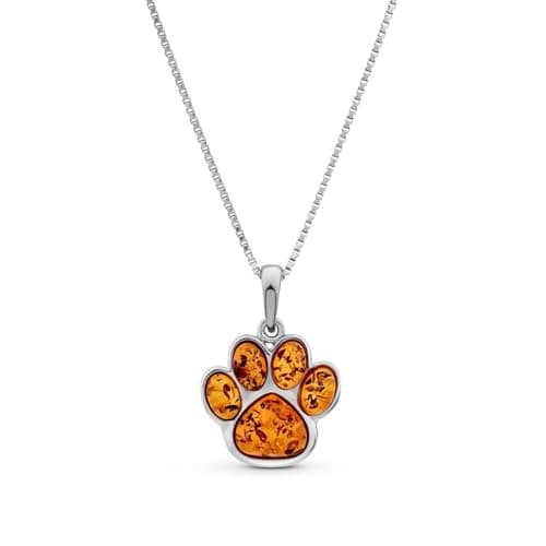 Image of Old English Jewellers Sterling Silver 925 Baltic Amber Paw Print Ladies Necklace - Natural Women's Teen's Kid's Animal Paw Pendant on Italian Box Chain - Pendant only or 16-24 Inch (18 inch)