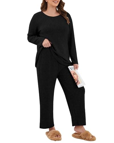 Image of TIANZHU Plus Size Women's Pajamas Set Loungewear 2-Piece Ribbed Pyjama Set with Wide Leg Trousers & Pockets, Black, Size 30-32
