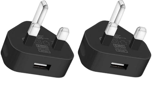 Image of iphones charger (2 pack) UK Plug USB Mains Charger Adapter 1AMP 1000mAh Fast Speed Travel Wall Charger Compatible with iPhone, i-Pad, i.Pod, and Samsungs, Galaxy Tab, Huawei, Tablet, Devices (BLACK)