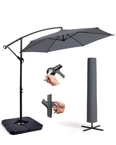 Image of KEPLIN 3M Cantilever Garden Parasol with Cover & 4pc Fillable Base Set – 6 Ribs 180GSM UV Resistant Water Repellent Umbrella with Crank Handle, Heavy Duty Outdoor Patio Shade, Grey