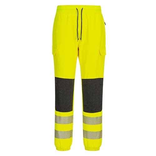 Image of Portwest KX346 PW3 Hi Vis Flexi Joggers Work Trousers Four Way Stretch Reinforced Knees Slim Fit Cargo Zip Pockets Heat Applied Reflective Tape RIS Rail Stard Compliance, Yellow/Black, Large