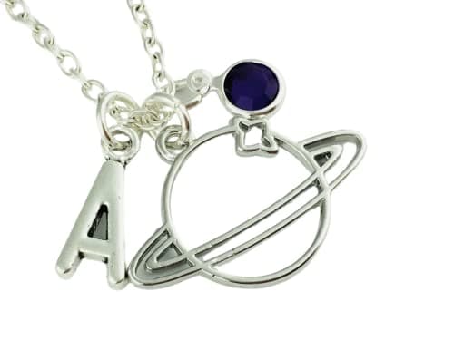 Image of Personalised Planet Necklace - initial charm, birthstone crystal - silver plated or sterling silver - custom jewellery celestial astrology astronomy solar system saturn geeky birthday gift teen girl