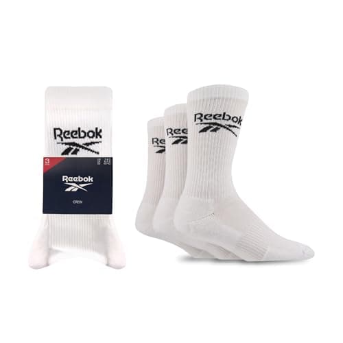 Image of Reebok 'Core' Ribbed Cushioned Socks - Unisex, Mens and Ladies Soft Cotton Regular Crew Calf Length with Arch Support and Seamless Toes 3 Pair Multipack Size Range of UK 2.5-12.5 White 11-12.5