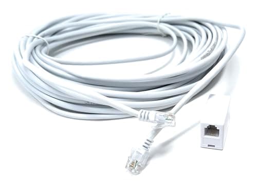 Image of DRUT 20m RJ11 to RJ11 ADSL 2+ Male to Male Cable with Female Coupler, BT Telephone, Broadband, Modem Extension Lead, Gold Plated Connectors White 65ft