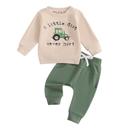 Image of A Little Dirt Never Hurt Kids Toddler Boys Winter Clothes Sets Tractor Print Long Sleeve Sweatshirt and Sweatpants Tracksuit Cute Newborn Baby Outfits British Country Clothing (Beige, 12-18 Months)