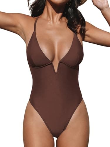 Image of CUPSHE Women's One Piece Swimsuit Deep V Wire Neck Crisscross Back Adjustable Strap Slimming Swimwear Swimming Costume Chocolate Brown M