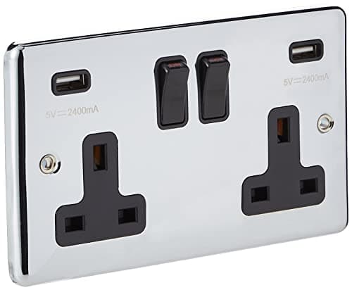 Image of AET CPC2GUSBBL 2 Gang 13 A Double Plug Classical Chrome Polished Socket with USB Charging Ports and Black Insert Plastic Rocker Switch