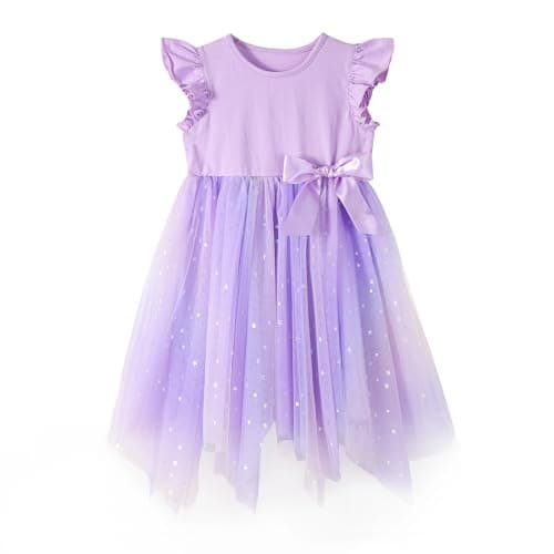 Image of Miipat Girls' Dresses Tulle Princess Toddler Girl Dress Summer Flying Sleeves Kids Tutu Dress for Birthday Party Wedding Pageant （Purple 120 5-6 Years