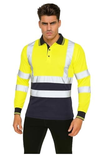 Image of Candid Styles® Hi Viz High Visibility Long Sleeve Polo Shirts - Men's Reflective Tape Safety Hi Vis Security Work Breathable Lightweight Workwear T-Shirt Tops (Yellow/Navy, XX-Large)