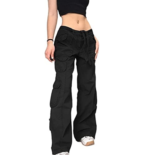 Image of Madger Women Y2k Wide Leg Jeans Gothic Baggy Denim Pants High Waist Punk Loose Straight Pants E Girl Streetwear (Black 1, S)