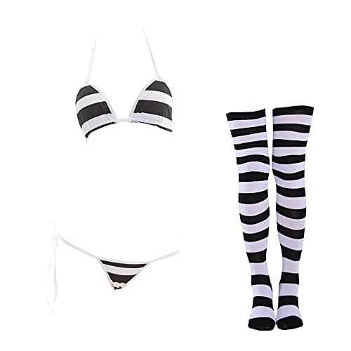 Image of SINROYEE Sexy Lingerie Set for Women Japanese Anime Bikini Swimsuit Stripe with Striped Thigh High Socks, Black Wide Striped Bikini, One Size