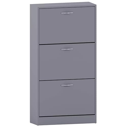 Image of Vida Designs Shoe Cabinet, Wooden Shoe Storage Unit with 3 Pull-Down Drawers, Multifunctional Dust-Proof Space-Saving Slim Cupboard for Hallway or Entryway (Grey)