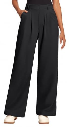 Image of Oyamiki Womens Trousers Elasticated Waist Business Black Work Pants Wide Leg Petite Comfy Waffle Knit Casual Palazzo Pants M