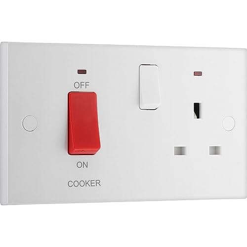Image of BG Electrical Cooker Switch with Socket and LED, Cooker Control Unit, Control Socket, Double Pole, Square Edges, Nexus 900 Series, White Moulded, Square Edge, 45A, 970