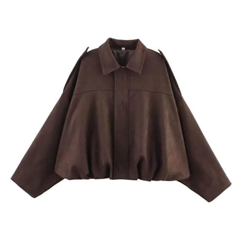 Image of Women's Faux Suede Bomber Jacket Casual Lapel Pilot Jackets Oversize Long Sleeve Full Zip Fashion Travel Streetwear Outerwear womens clothing Coffee L