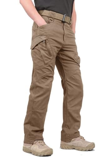 Image of KEFITEVD Men's Combat Tactical Trousers Outdoor Military Cargo Trouser Multi Pockets Safari Work Pants Brown, 34