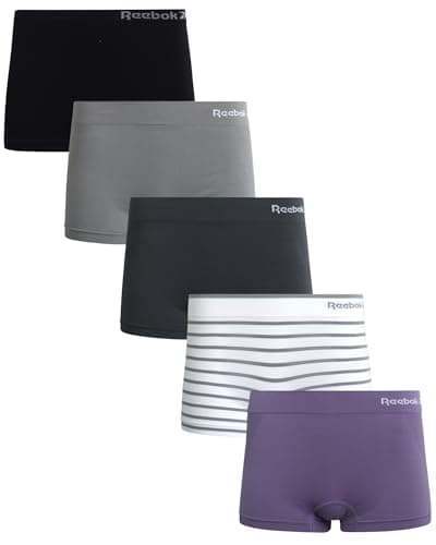 Image of Reebok Women's Boy Shorts Underwear - 5 Pack Stretch Performance Boyshort Panties - Seamless Underwear for Women (S-XXL), White Stripe/Cadet/Sharkskin/Blackened Pearl/Black, L