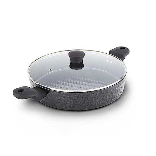Image of Tower T900132 Diamo Aluminium Shallow Casserole Dish with Black Diamond Ceramic Non-Stick Coating, Tempered Glass Lid, 30cm, Black