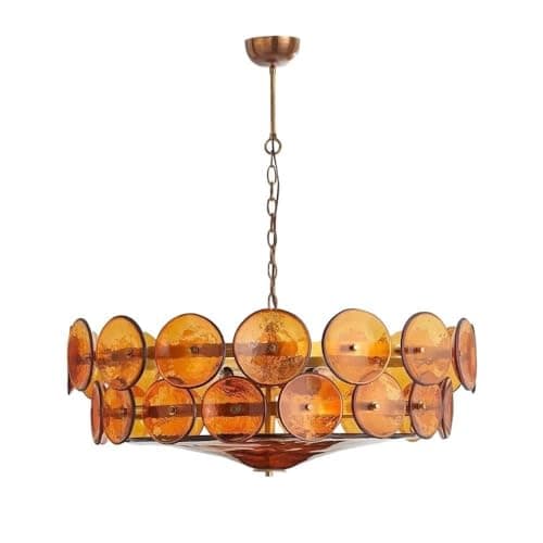 Image of IvyLoutish Luxury Glass Disc Pendant Light Tiered Round Chandelier with Metal Adjustable Chain 8 Light Fixed Ceiling Lamp for Bedroom Dining Living Room 3 Color Changeable Amber Green White(Amber)