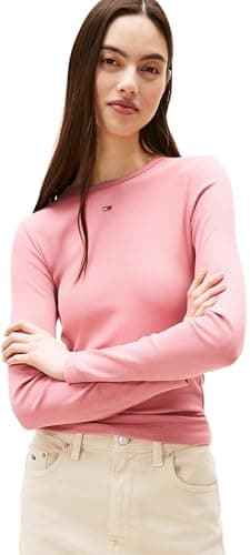 Image of Tommy Jeans Womens Tjw Slim Essential Rib Dw0dw17387 L/S T-Shirt, Pink (Tahiti Berry), XS UK