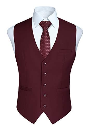 Image of HISDERN Men's Formal Party Wedding Business Cotton Waistcoat Solid Color Vest, XL, Burgundy-2