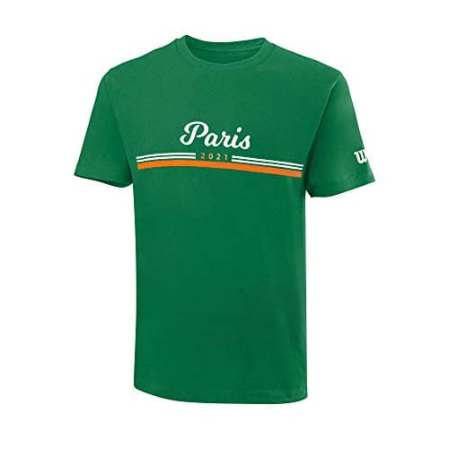 Image of Wilson Men's T-Shirt, Paris 2021 TECH T-Shirt, Polyester/Cotton, Green (Amazon) / White/Orange, Size S, WRA800301SM