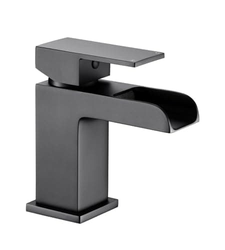 Image of VeeBath Kinetic Square Waterfall Basin Mixer – Modern Matt Black Finish, Single Lever Control, G1/2" BSP Inlet with Pop-Up Waste, Deck Mounted Bathroom Taps, Bath and Basin Taps