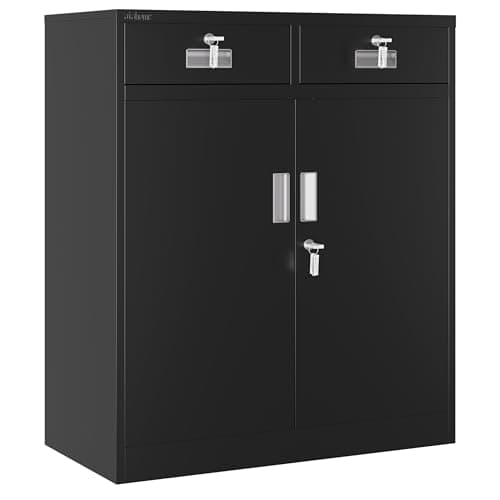 Image of Atahome Metal Cabinet Storage Cupboard Lockable Steel Cabinet Locking Doors, 2 Drawers & Adjustable Shelf – Home, Office, Garage, Kitchen, Pantry 92 x 80 x 40 cm (H x W x D) Smyrna (Smyrna, Black)