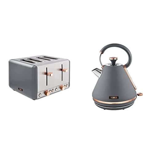 Image of Tower T20051RGG Cavaletto 4 Slice Toaster, Grey and Rose Gold & T10044RGG Cavaletto Pyramid Kettle with Fast Boil, Detachable Filter, 1.7 Litre, 3000 W, Grey and Rose Gold