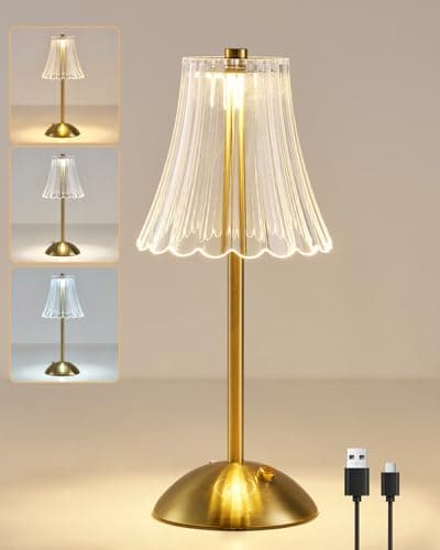 Image of HARPER LIVING Rechargeable Table Lamp, LED Desk Lamp Battery Operated, 3 Colors and Dimmable, Bedside Reading Light Polished Gold Finish, Cordless Touch Lamps for Bedroom Living Room Bar Restaurant
