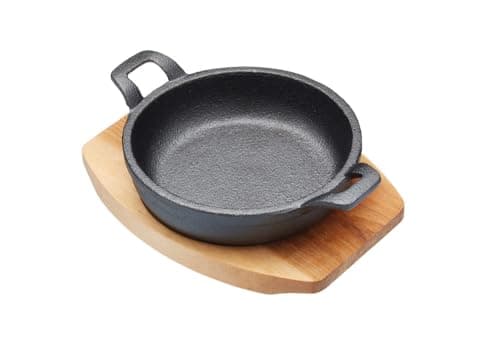 Image of Artesà Miniature Cast Iron Casserole with Wooden Serving Board, Shallow Pot Style Oven Proof Skillet, for Gratin, Tapas, Curry and Meat, Induction Hob Safe, 6.5'' x 5'' x .5'', Round, Black