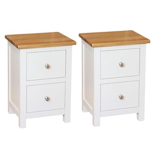 Image of GROF GROFurniture Snow White Bedside Table, 2 Drawer Bedside Cabinet Bedroom, Real Wood Slim Bedside Cabinet, Narrow Bedside Oak Side Table for Living Room 32D x 38W x 55H cm Pair