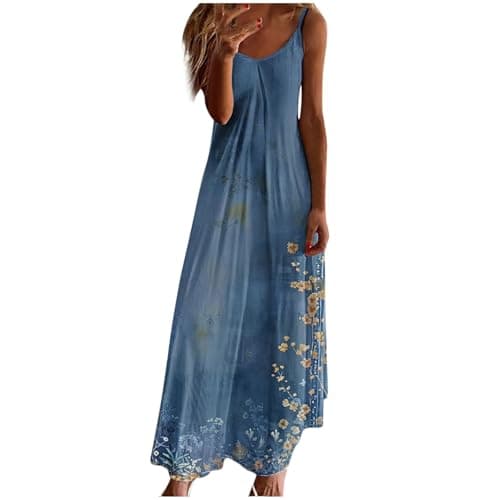 Image of Maxi Dresses for Women UK Sleeveless Spaghetti Strap Dress Summer Floral Print V Neck Dresses Casual Oversized Strappy A-line Dress Baggy Holiday Vacation Beach Long Sundress