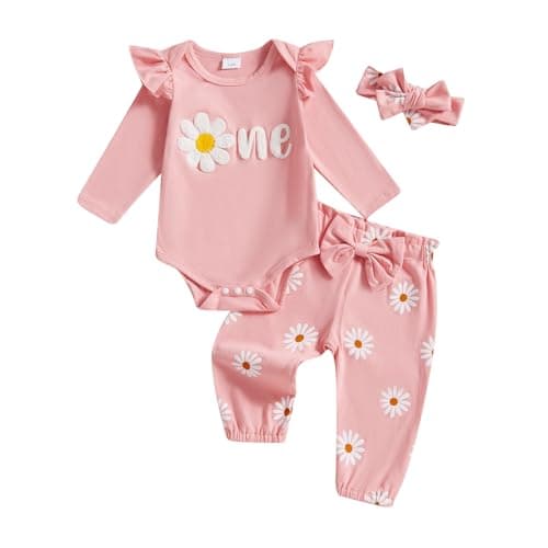 Image of MAHUAOYIXI Baby Girl 3Pcs 1st Birthday Outfits Letter Embroidery Long Sleeve Romper with Floral Pattern Long Pants Set Headband Toddler Clothes Girls Birthday Gift (Pink, 12-18 Months)