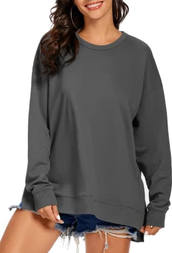 Image of APEIYU Women Crew Neck High Low Long Sleeve Sweatshirts Loose Fit Solid Color Side Split Knit Pullovers Tops For ladies Grey XXL